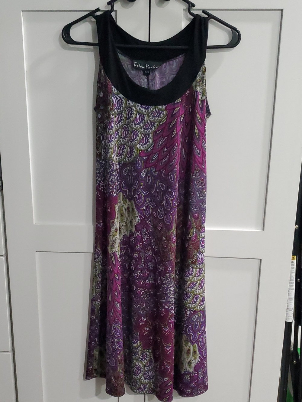 Ellen Parker Purple Printed Sleeveless Midi Dress with Black Trim